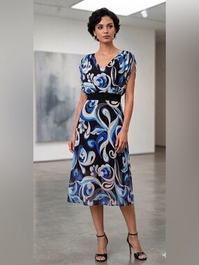 NWT Joseph Ribkoff Blue and Black Midi Dress